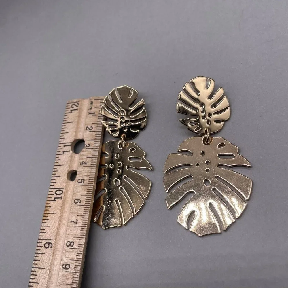 Palm Leaf Dangle Drop Earrings Gold Tone